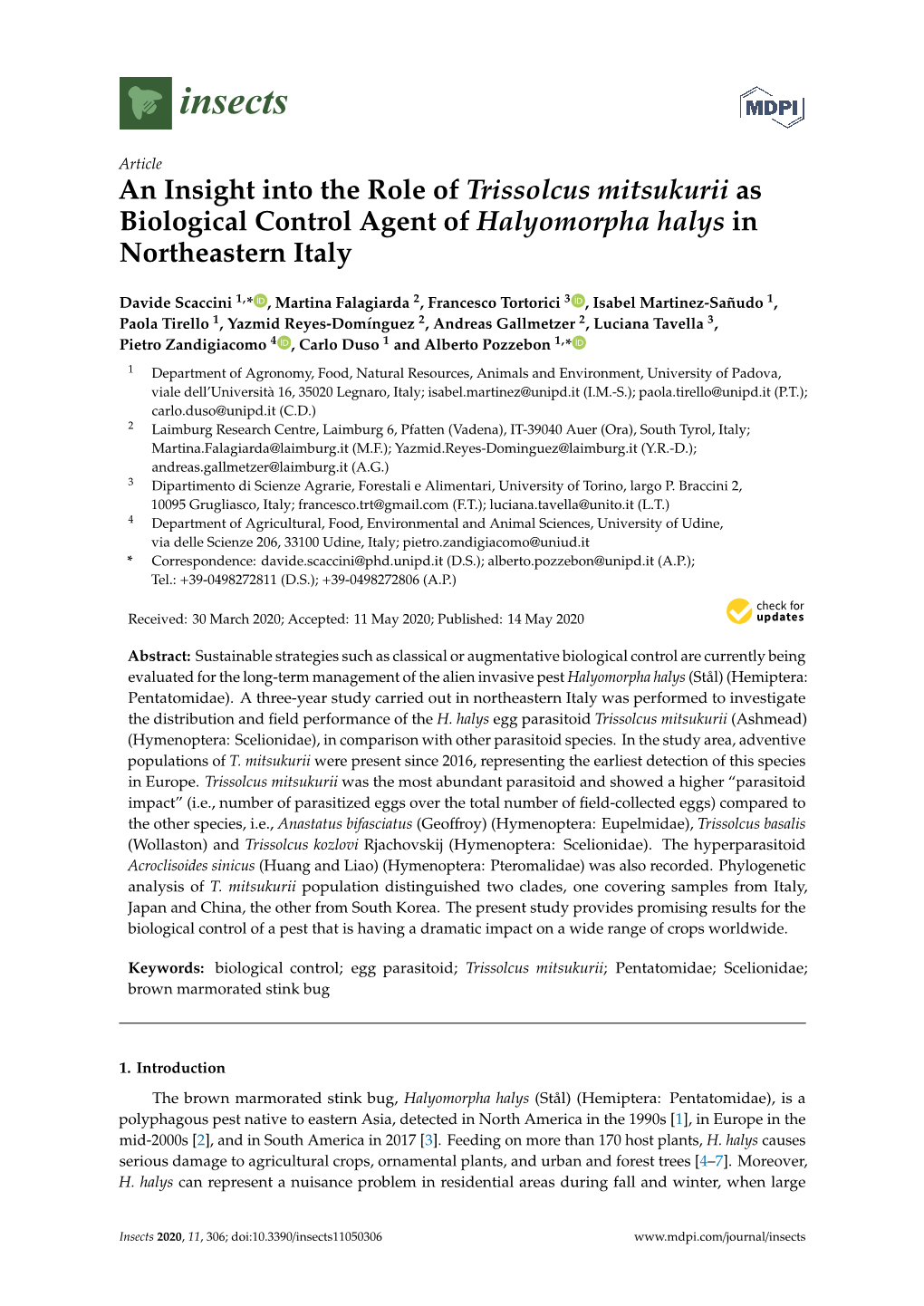 An Insight Into the Role of Trissolcus Mitsukurii As Biological Control Agent of Halyomorpha Halys in Northeastern Italy