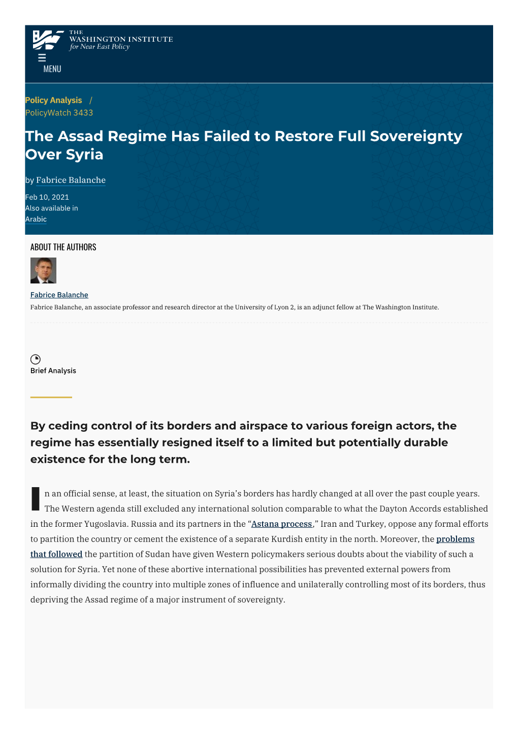 The Assad Regime Has Failed to Restore Full Sovereignty Over Syria by Fabrice Balanche