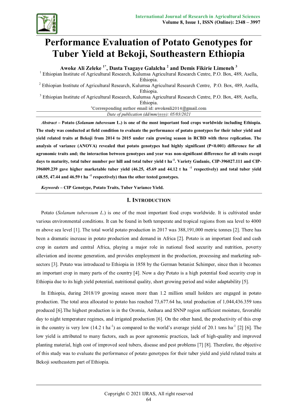 Performance Evaluation of Potato Genotypes for Tuber Yield at Bekoji, Southeastern Ethiopia