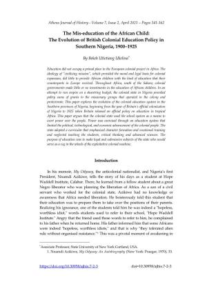 The Mis-Education of the African Child: the Evolution of British Colonial Education Policy in Southern Nigeria, 1900–1925