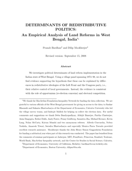 An Empirical Analysis of Land Reforms in West Bengal, India'1