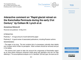 Rapid Glacial Retreat on the Kamchatka Peninsula During the Early 21St Century” by Colleen M