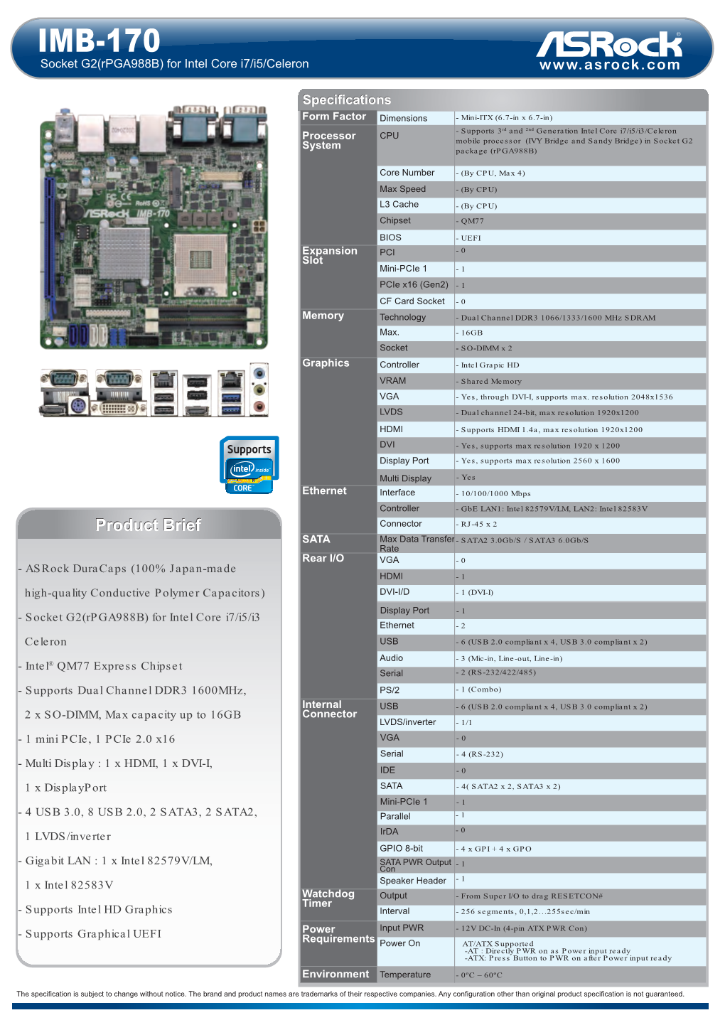 IMB-170 Socket G2(Rpga988b) for Intel Core I7/I5/Celeron