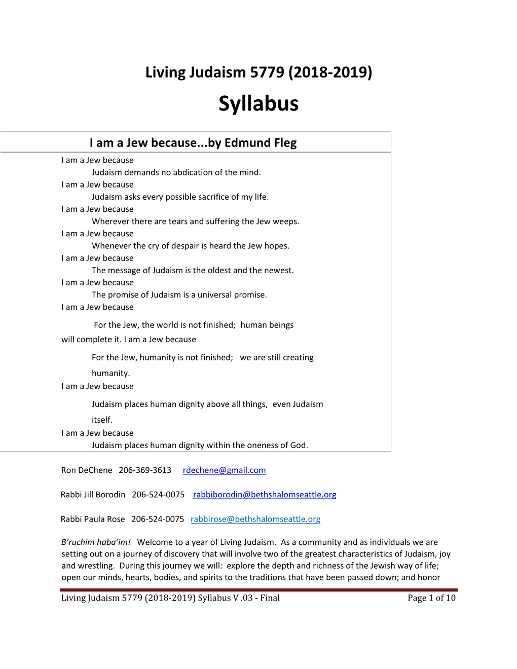 Living Judaism 5779 (2018-2019) Syllabus