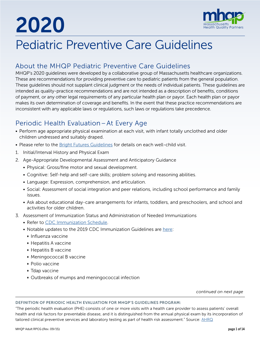 2020 Pediatric Preventive Care Guidelines