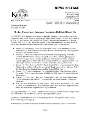 Bleeding Kansas Series Returns to Constitution Hall State Historic Site
