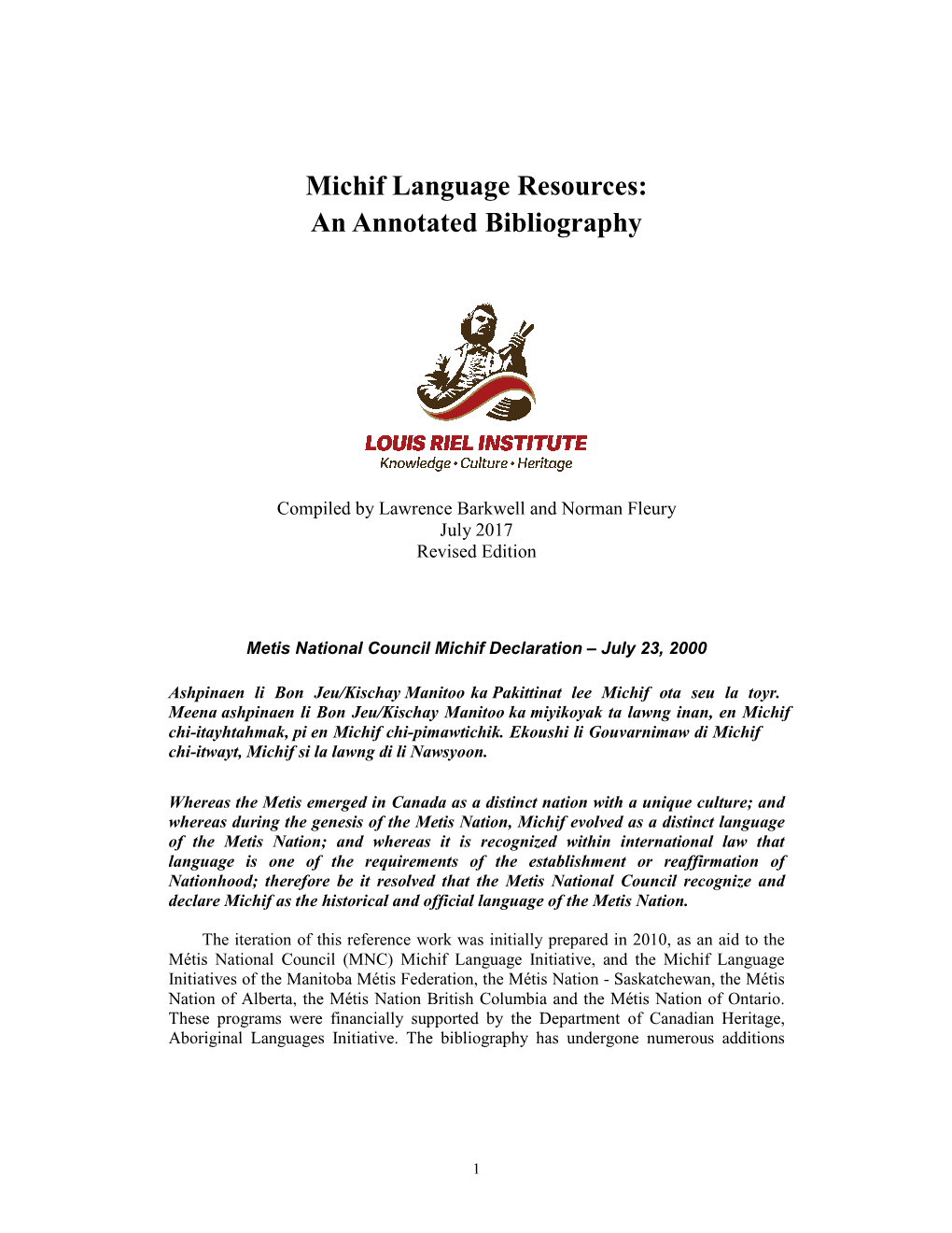 Michif-Language-Bibliography July 2017