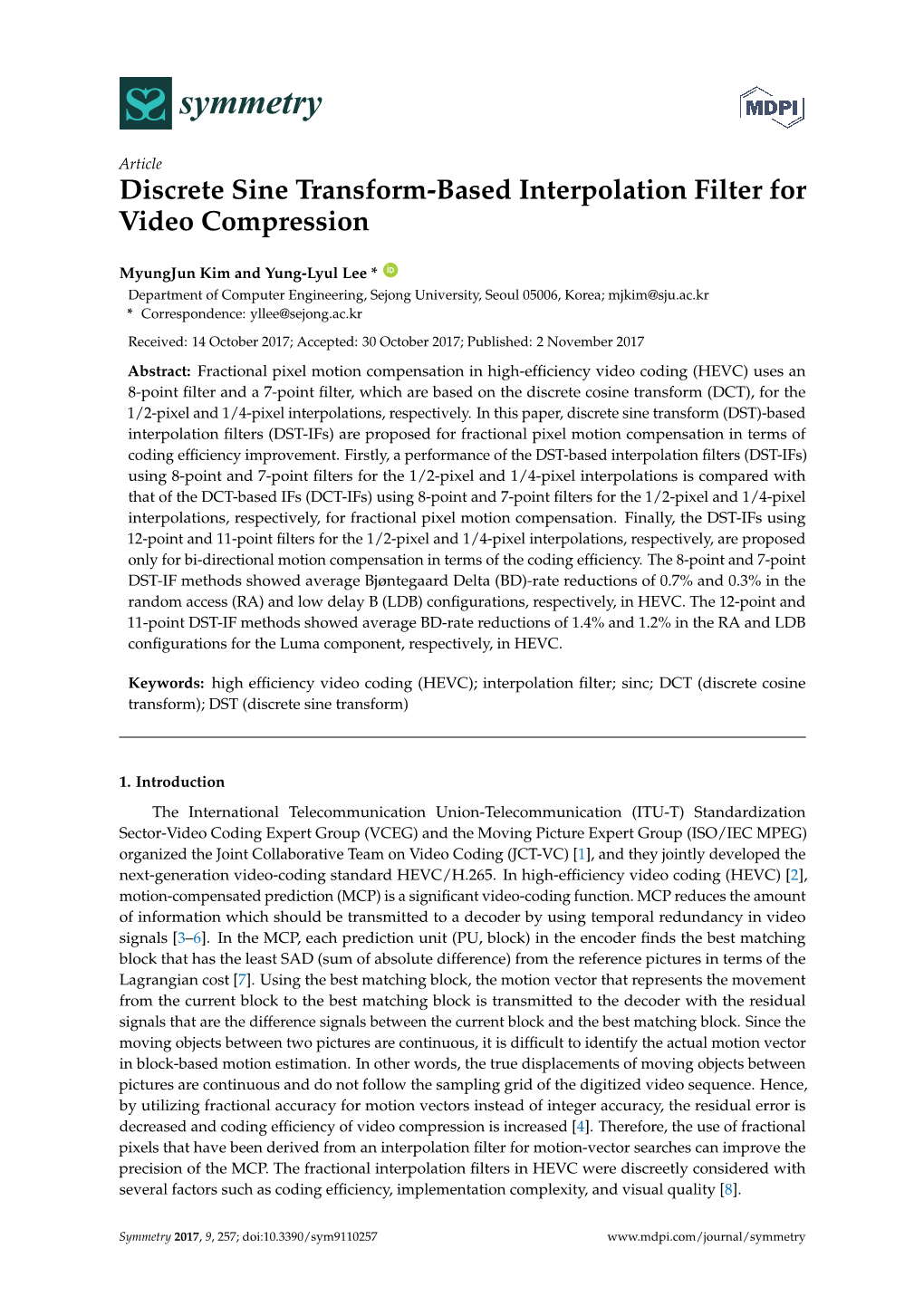 Discrete Sine Transform-Based Interpolation Filter for Video Compression