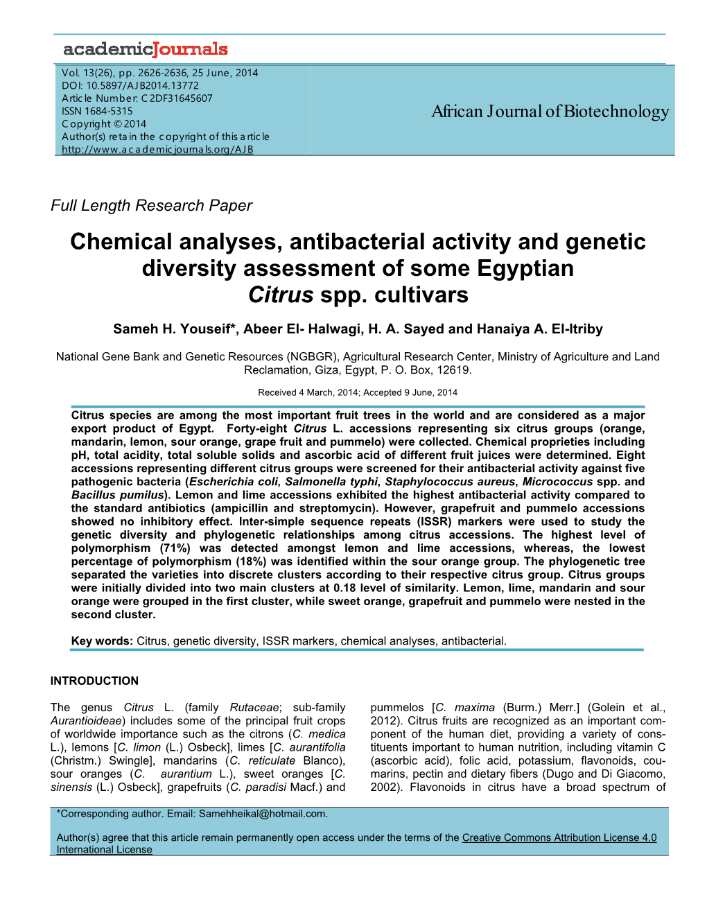 Chemical Analyses, Antibacterial Activity and Genetic Diversity Assessment of Some Egyptian Citrus Spp