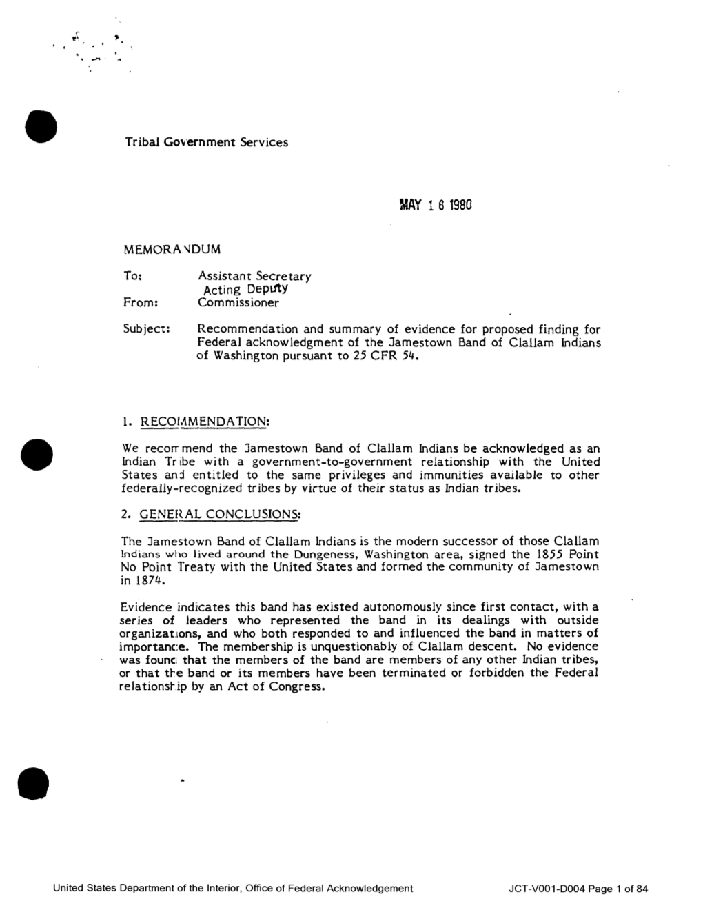 Proposed Finding for Federal Acknowledgment of the Jamestown Band of Clallam Indians of Washington Pursuant to 25 CFR 54