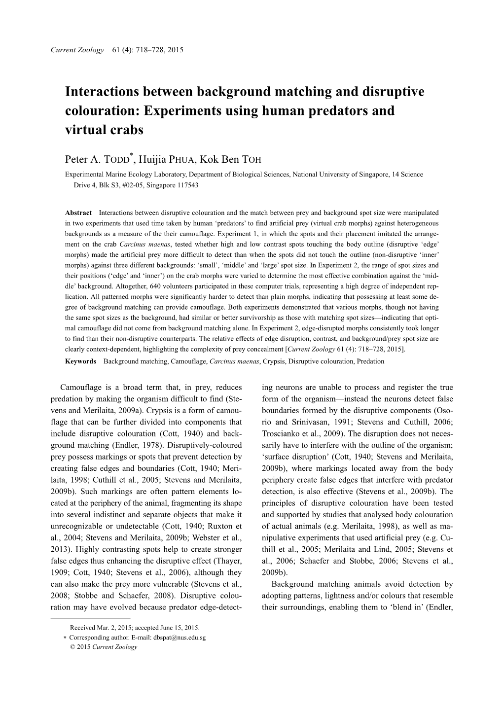 Interactions Between Background Matching and Disruptive Colouration: Experiments Using Human Predators and Virtual Crabs