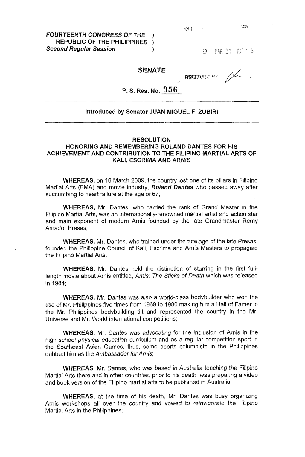 Resolution Honoring and Remembering Roland Dantes for Hi§ Achievement and Contribution to the Filipino Martial Arts of Kali