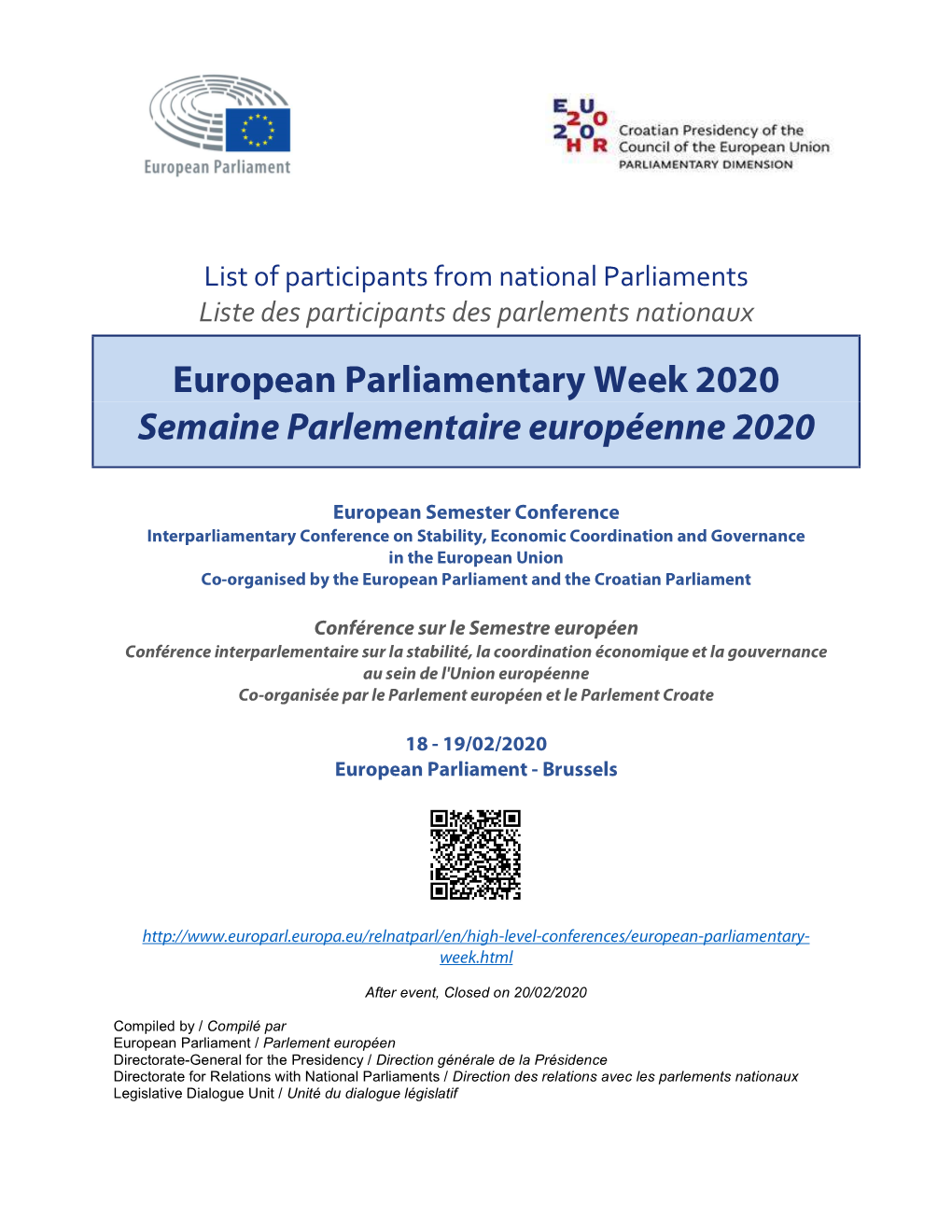 European Parliamentary Week 2020 Semaine Parlementaire Européenne 2020