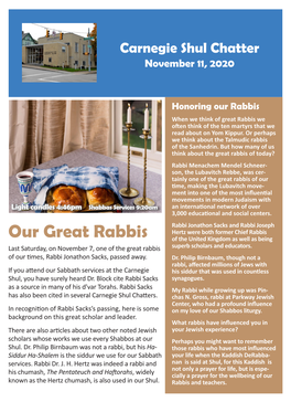 Carnegie Shul Chatter November 11, 2020 Our Great Rabbis
