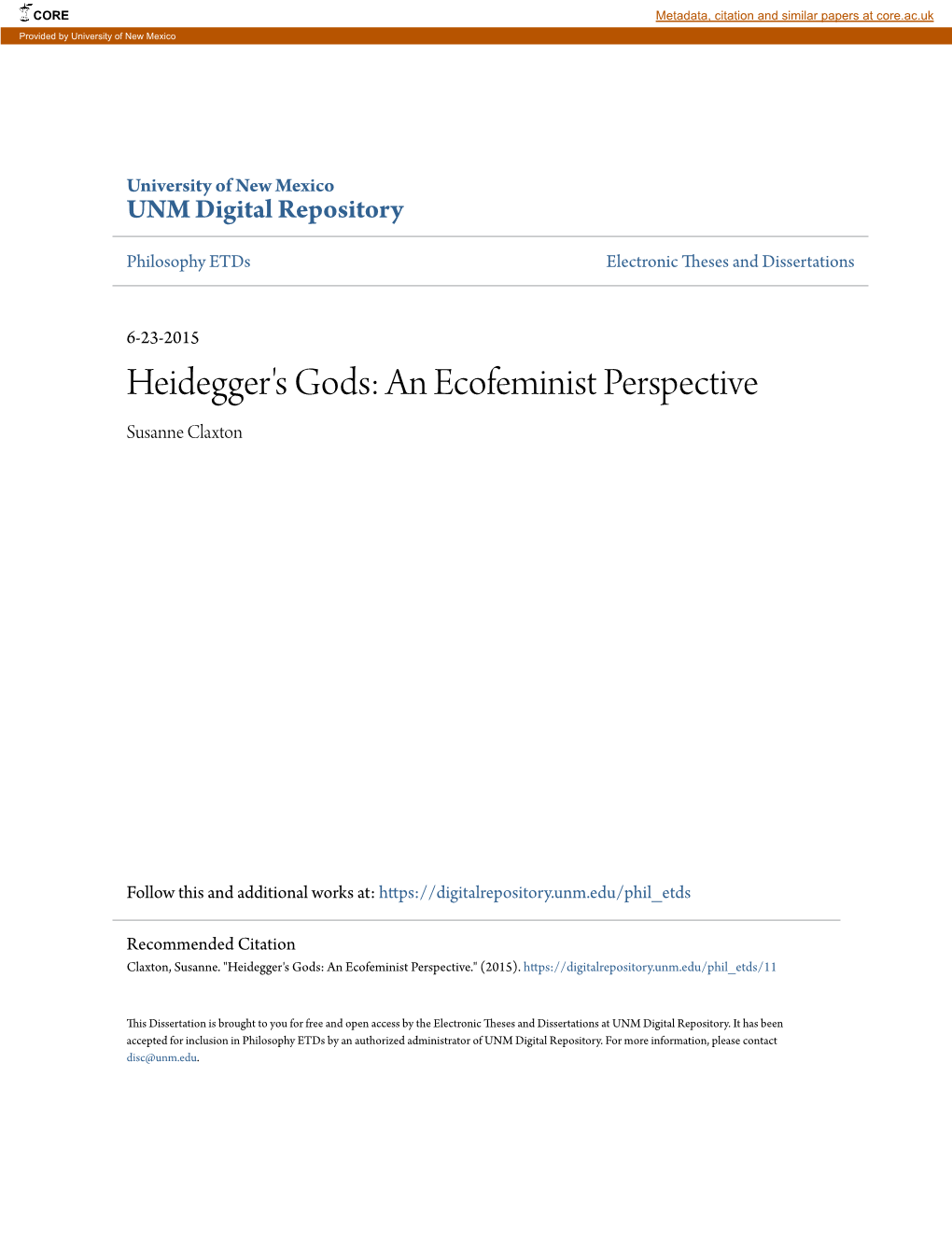 Heidegger's Gods: an Ecofeminist Perspective Susanne Claxton