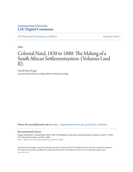 Colonial Natal, 1838 to 1880: the Making of a South African Settlementsystem