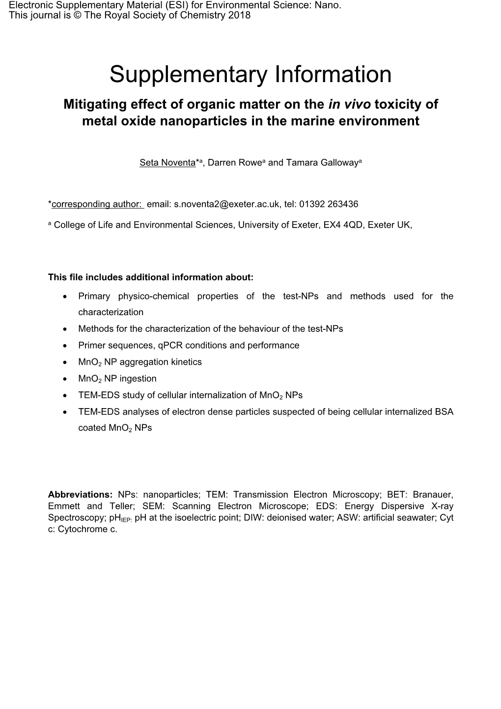 Supplementary Information Mitigating Effect of Organic Matter on the in Vivo Toxicity of Metal Oxide Nanoparticles in the Marine Environment