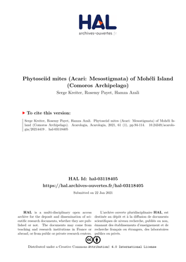 Phytoseiid Mites (Acari: Mesostigmata) of Mohéli Island (Comoros Archipelago) Serge Kreiter, Rosemy Payet, Hamza Azali