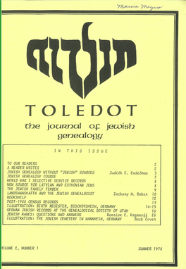 TOLEDOT II the Jou~Nal Og Jeruish Genealogy
