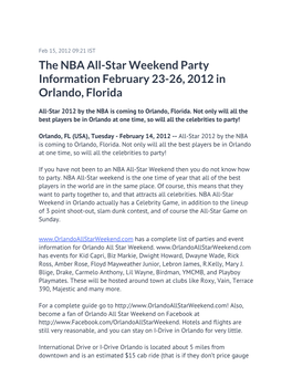 The NBA All-Star Weekend Party Information February 23-26, 2012 in Orlando, Florida