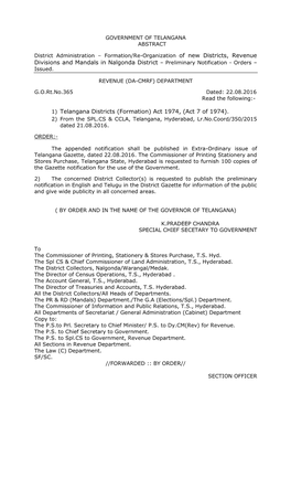 Divisions and Mandals in Nalgonda District – Preliminary Notification - Orders – Issued
