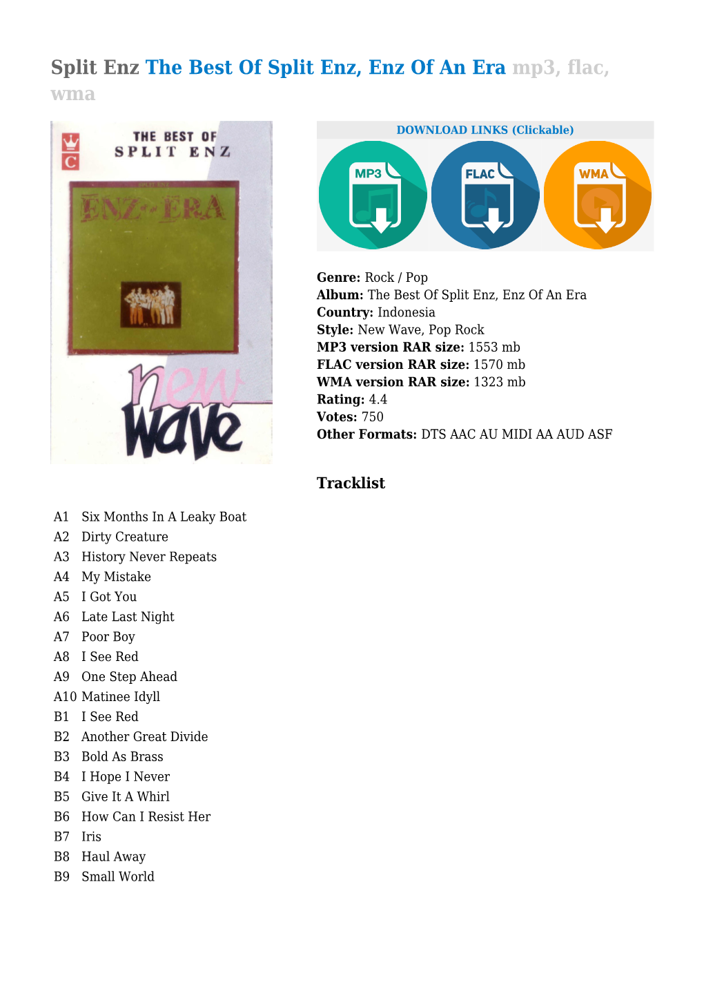 Split Enz the Best of Split Enz, Enz of an Era Mp3, Flac, Wma