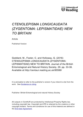 Ctenolepisma Longicaudata (Zygentoma: Lepismatidae) New to Britain
