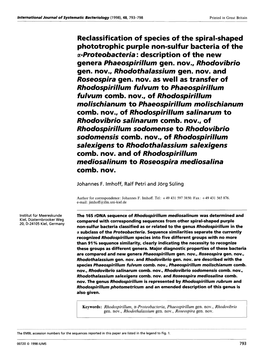 Reclassification of Species of the Spiral-Shaped Phototrophic Purple Non-Sulfur Bacteria of the A-Proteobacteria: Description of the New Genera Phaeospirillum Gen