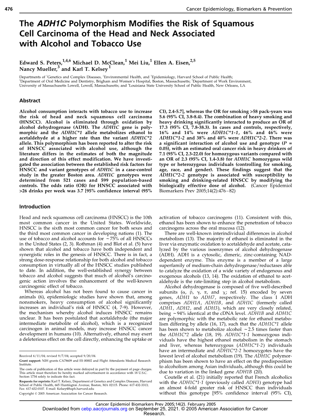 The ADH1C Polymorphism Modifies the Risk of Squamous Cell Carcinoma of the Head and Neck Associated with Alcohol and Tobacco Use