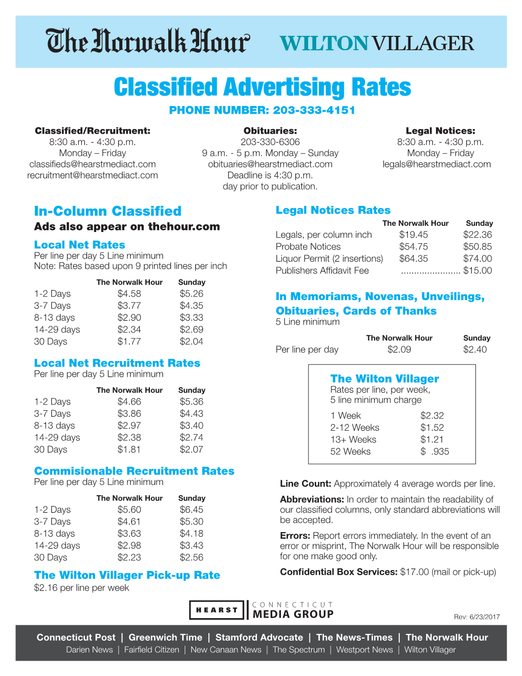 Classified Advertising Rates PHONE NUMBER: 203-333-4151