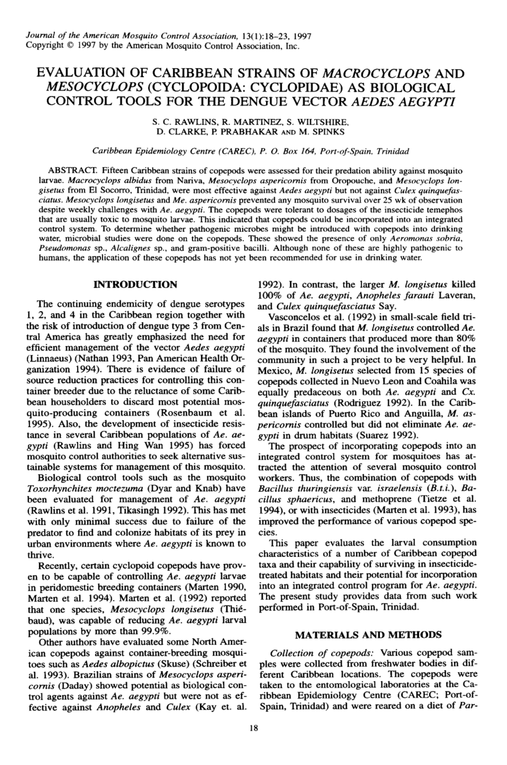 Cyclopoida: Cyclopidae) As Biological Control Tools for the Dengue Vector Aedes Aegypti