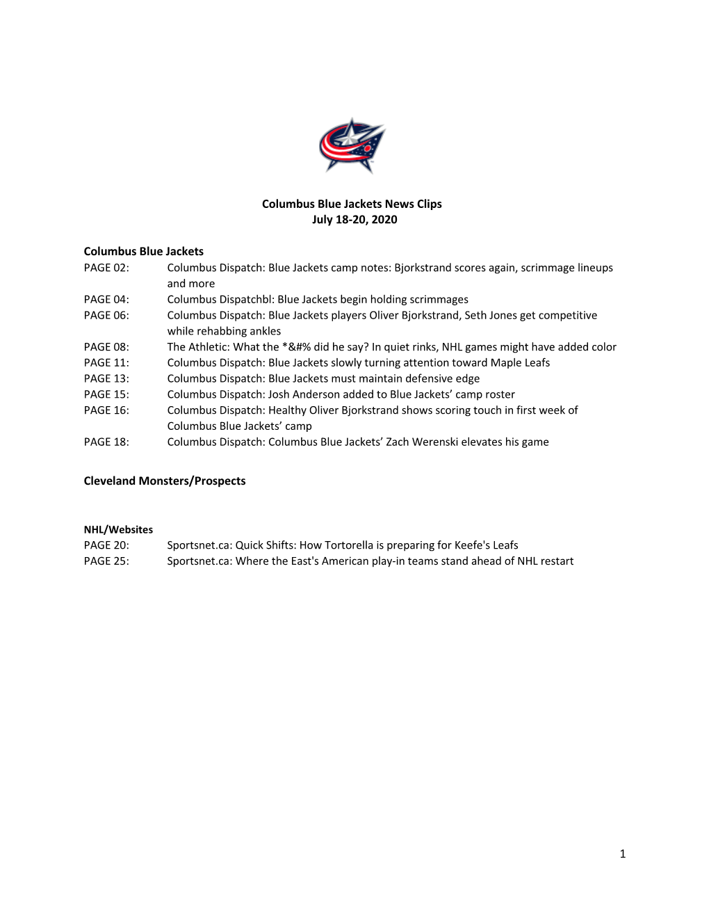 1 Columbus Blue Jackets News Clips July 18-20, 2020 Columbus Blue