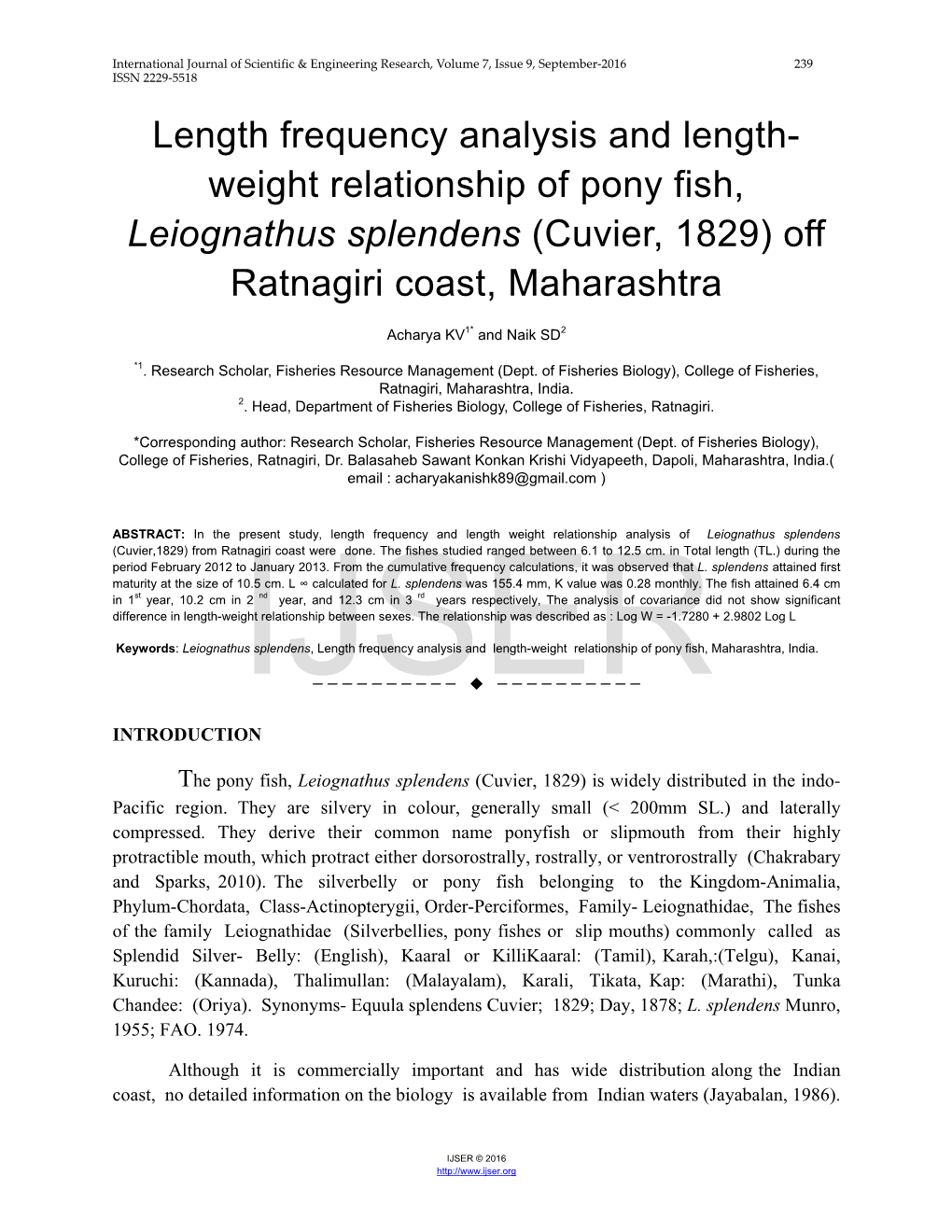 Length Frequency Analysis and Length-Weight Relationship of Pony Fish, Maharashtra, India