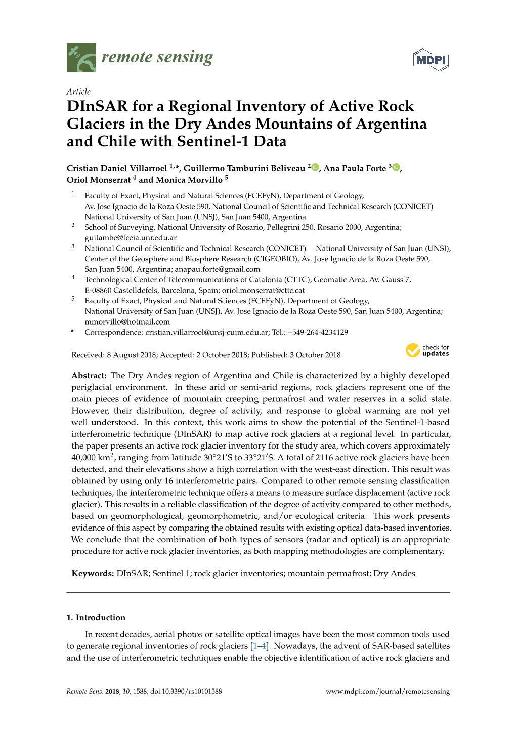 Dinsar for a Regional Inventory of Active Rock Glaciers in the Dry Andes Mountains of Argentina and Chile with Sentinel-1 Data