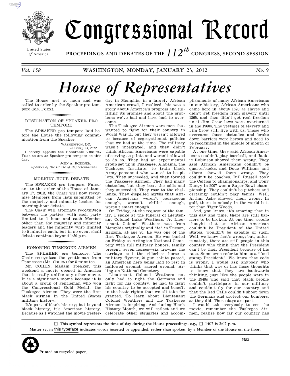 Congressional Record United States Th of America PROCEEDINGS and DEBATES of the 112 CONGRESS, SECOND SESSION