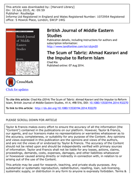 The Scum of Tabriz: Ahmad Kasravi and the Impulse to Reform Islam Chad Kia Published Online: 07 Aug 2014