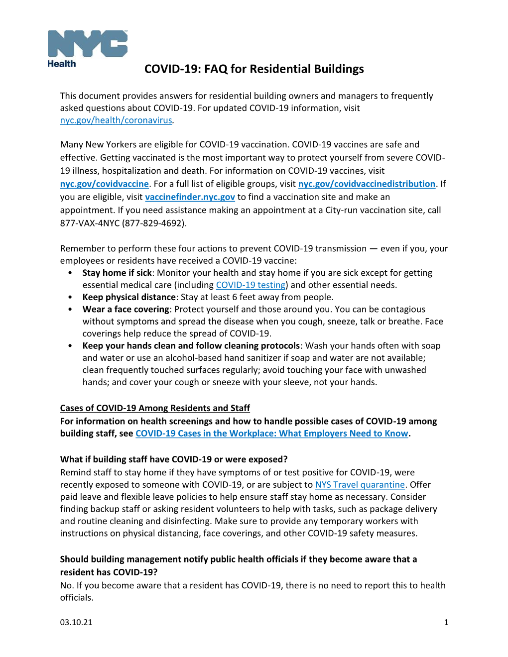 COVID-19: FAQ for Residential Buildings