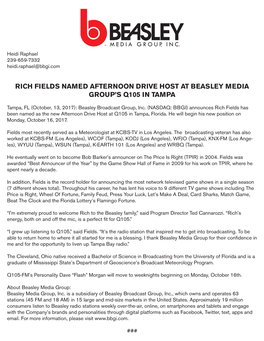 Rich Fields Named Afternoon Drive Host at Beasley Media Group’S Q105 in Tampa