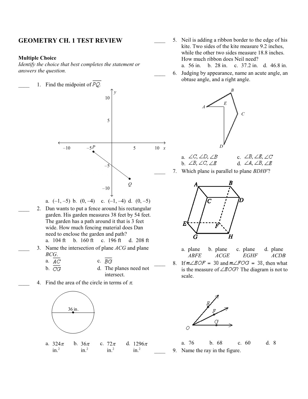 Geometry Ch. 1 Test Review