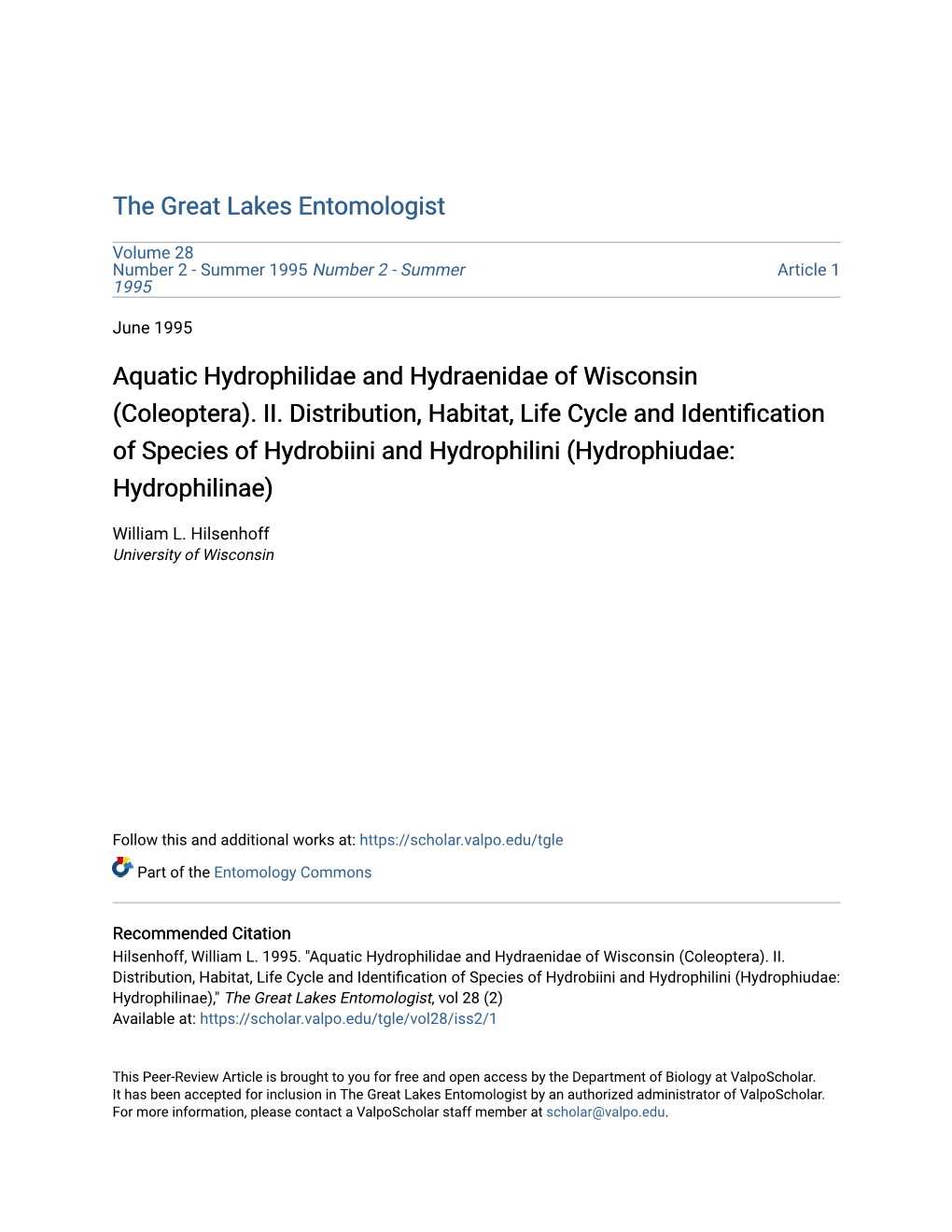 Coleoptera). II. Distribution, Habitat, Life Cycle and Identification of Species of Hydrobiini and Hydrophilini (Hydrophiudae: Hydrophilinae