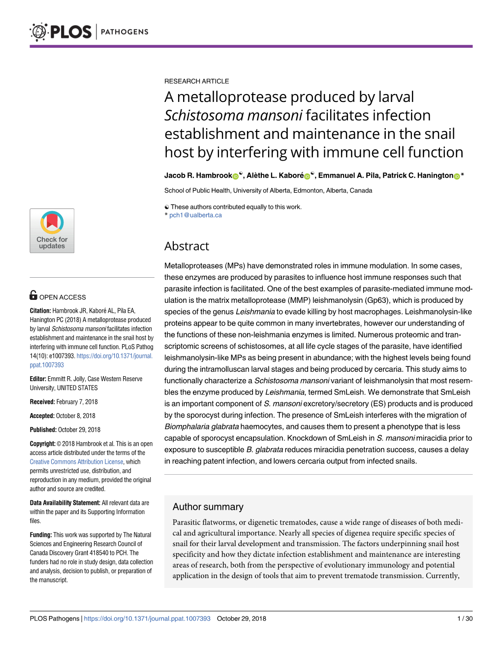 A Metalloprotease Produced by Larval Schistosoma Mansoni Facilitates