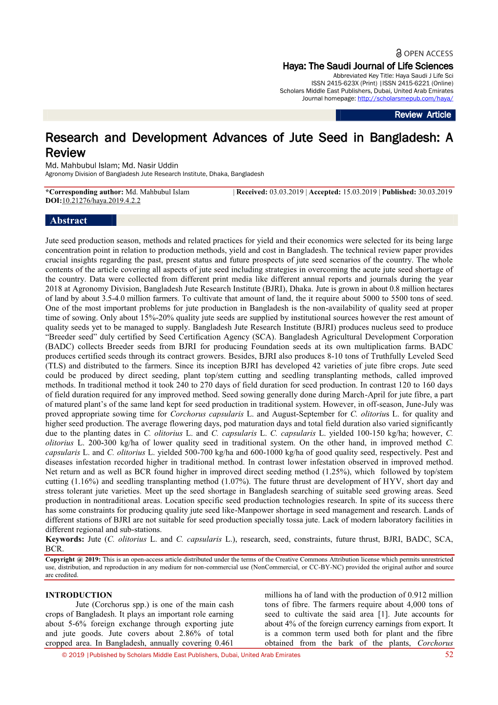 Research and Development Advances of Jute Seed in Bangladesh: a Review Md