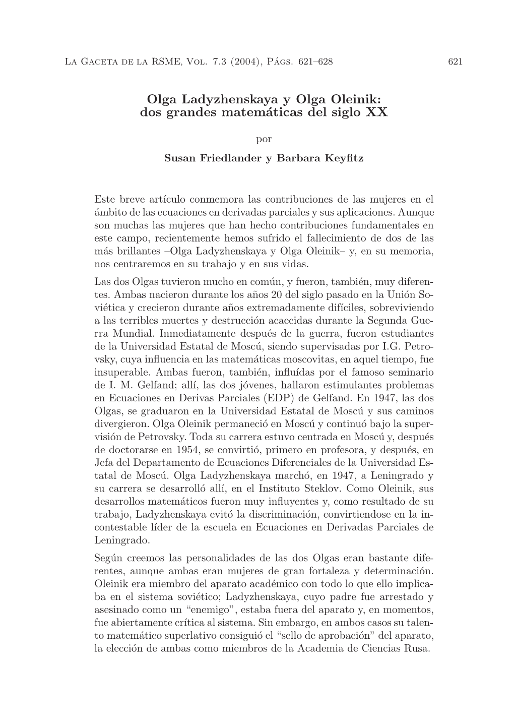 Olga Ladyzhenskaya Y Olga Oleinik: Dos Grandes Matemáticas Del Siglo