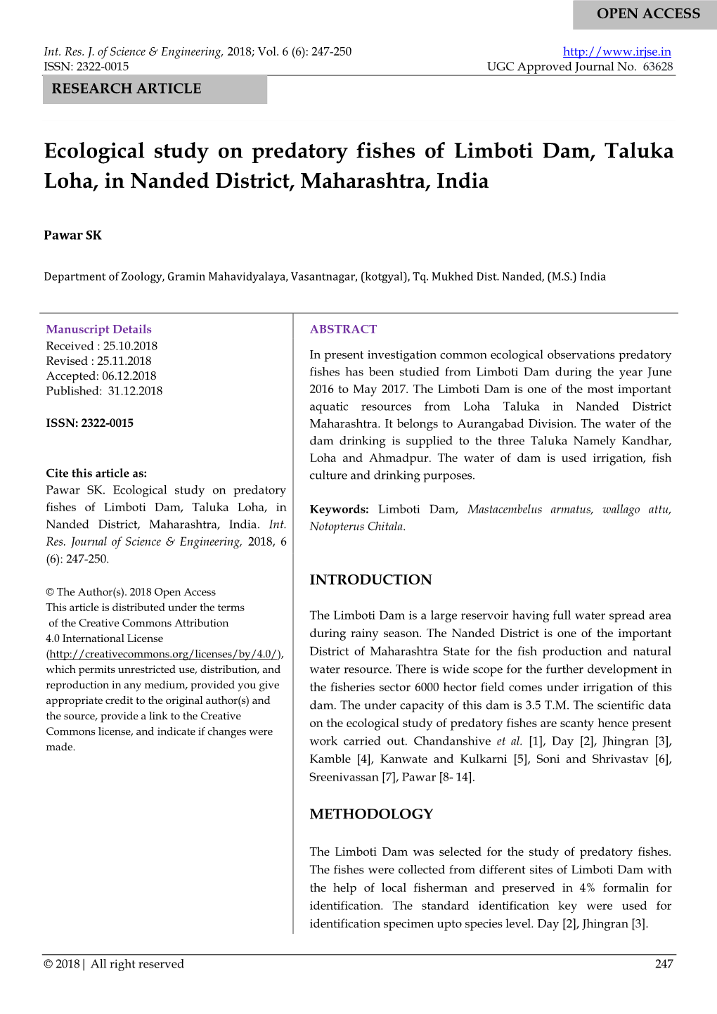 Ecological Study on Predatory Fishes of Limboti Dam, Taluka Loha, in Nanded District, Maharashtra, India