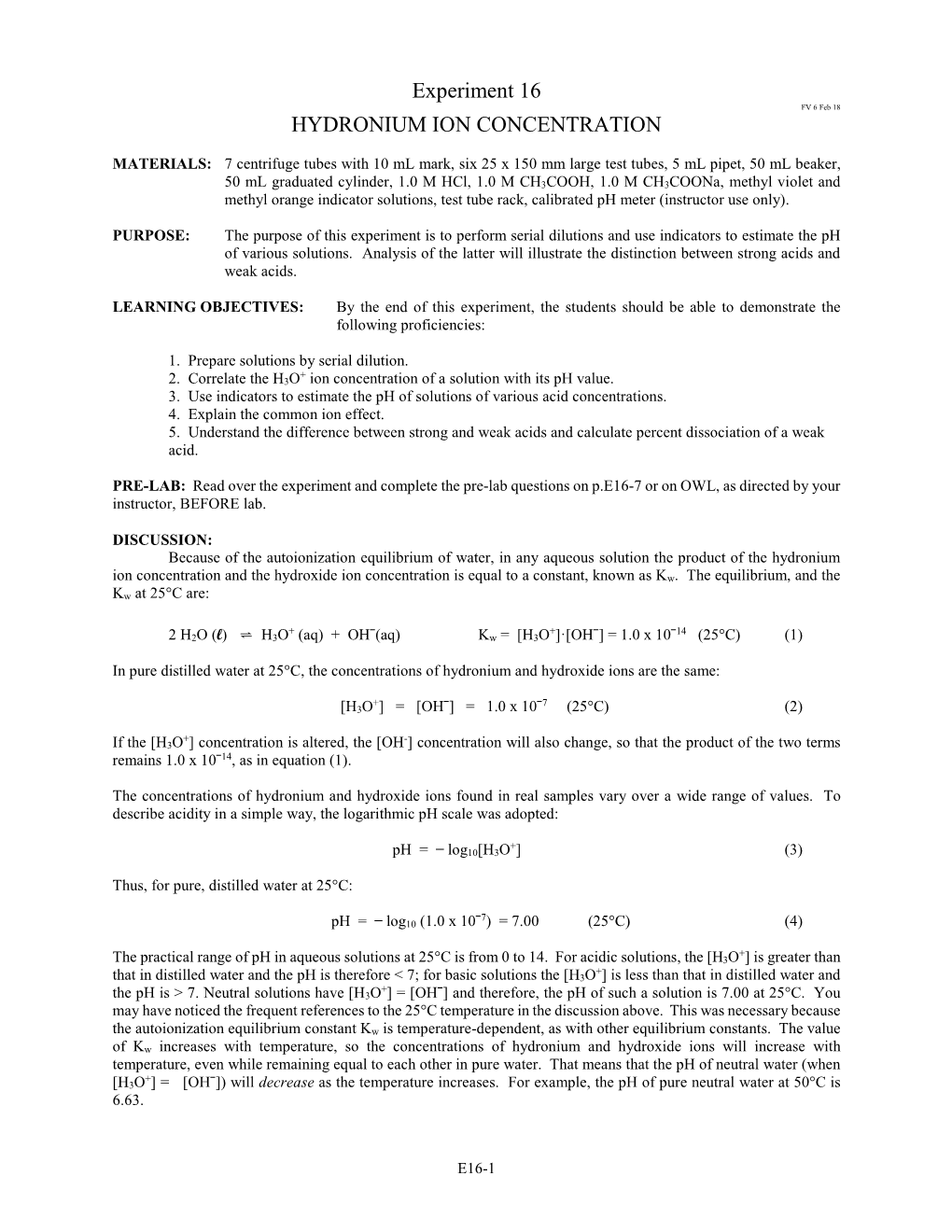 Experiment 16 FV 6 Feb 18 HYDRONIUM ION CONCENTRATION