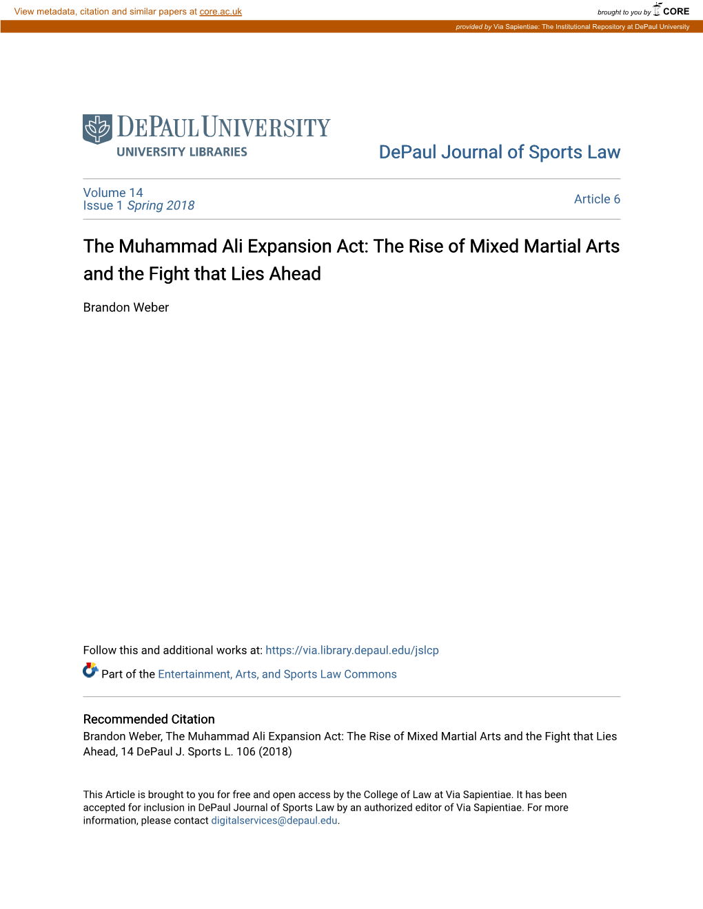 The Muhammad Ali Expansion Act: the Rise of Mixed Martial Arts and the Fight That Lies Ahead