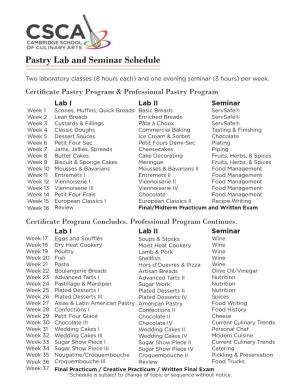 Pastry Lab and Seminar Schedule