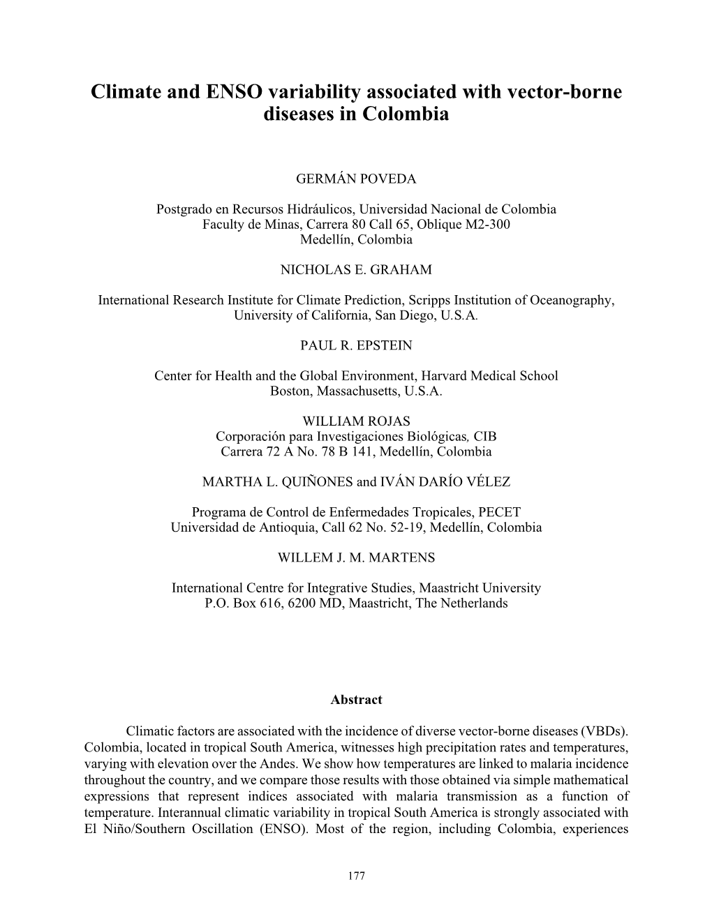 Climate and ENSO Variability Associated with Vector-Borne Diseases in Colombia