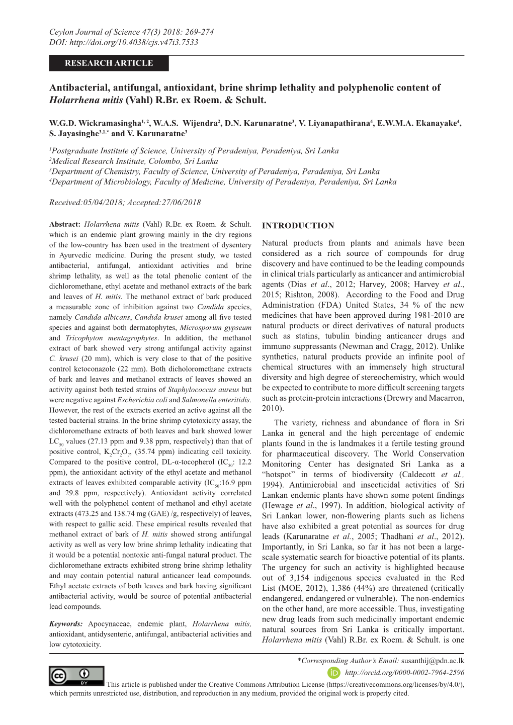 Antibacterial, Antifungal, Antioxidant, Brine Shrimp Lethality and Polyphenolic Content of Holarrhena Mitis (Vahl) R.Br