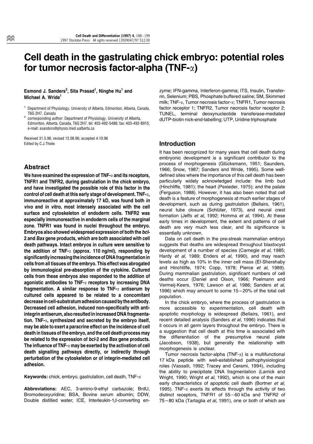 Cell Death in the Gastrulating Chick Embryo: Potential Roles for Tumor Necrosis Factor-Alpha (TNF-A)